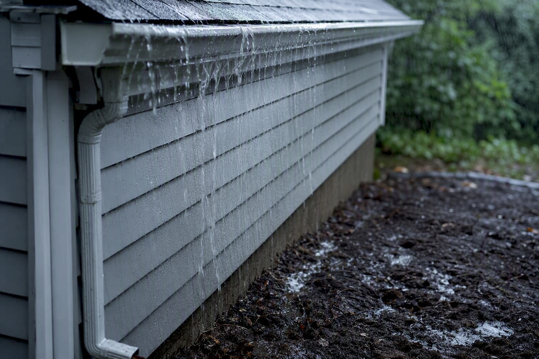 Rainwater running from gutter toward foundation