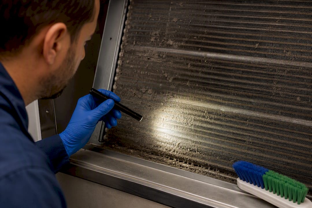 Technician inspecting buildup on evaporator coil
