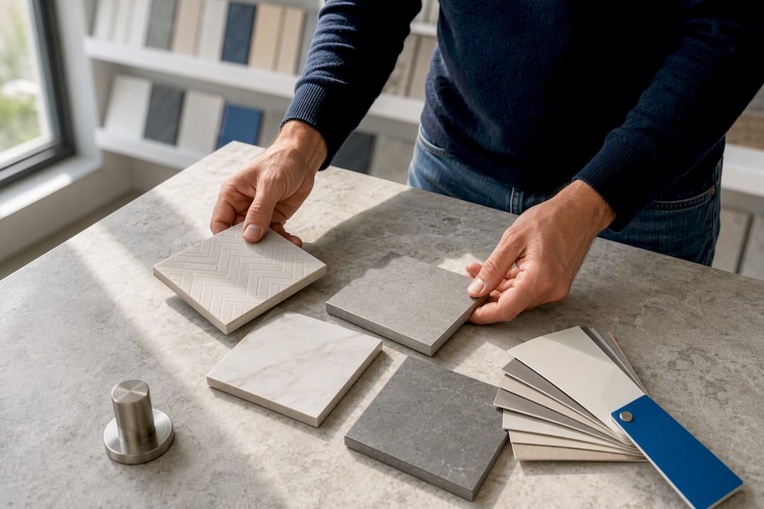 Homeowner comparing bathroom tile finishes