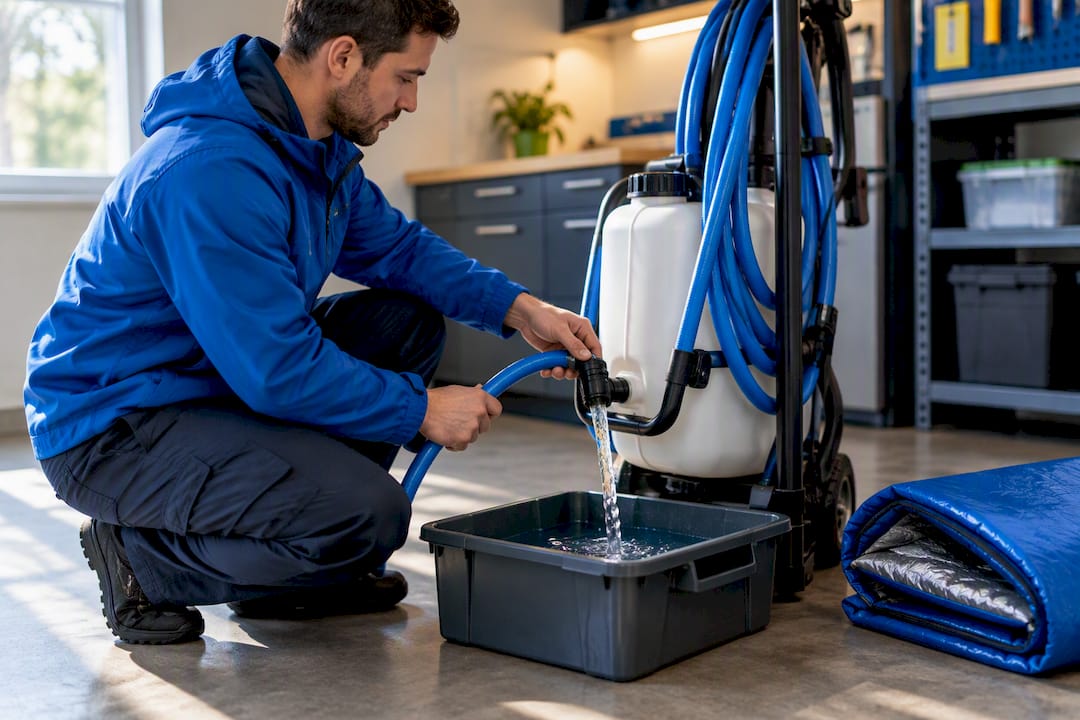 Technician draining hoses before winter storage