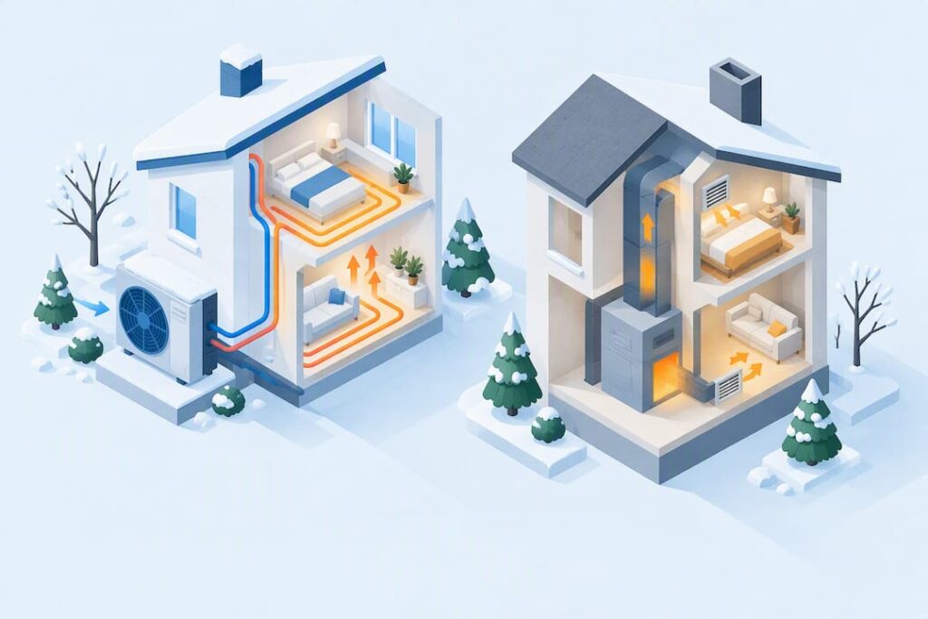 Isometric heat pump and furnace comparison illustration