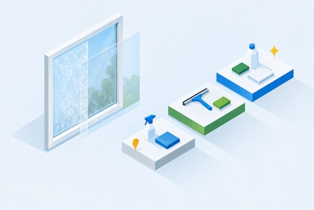 Isometric illustration of mineral-stained window glass