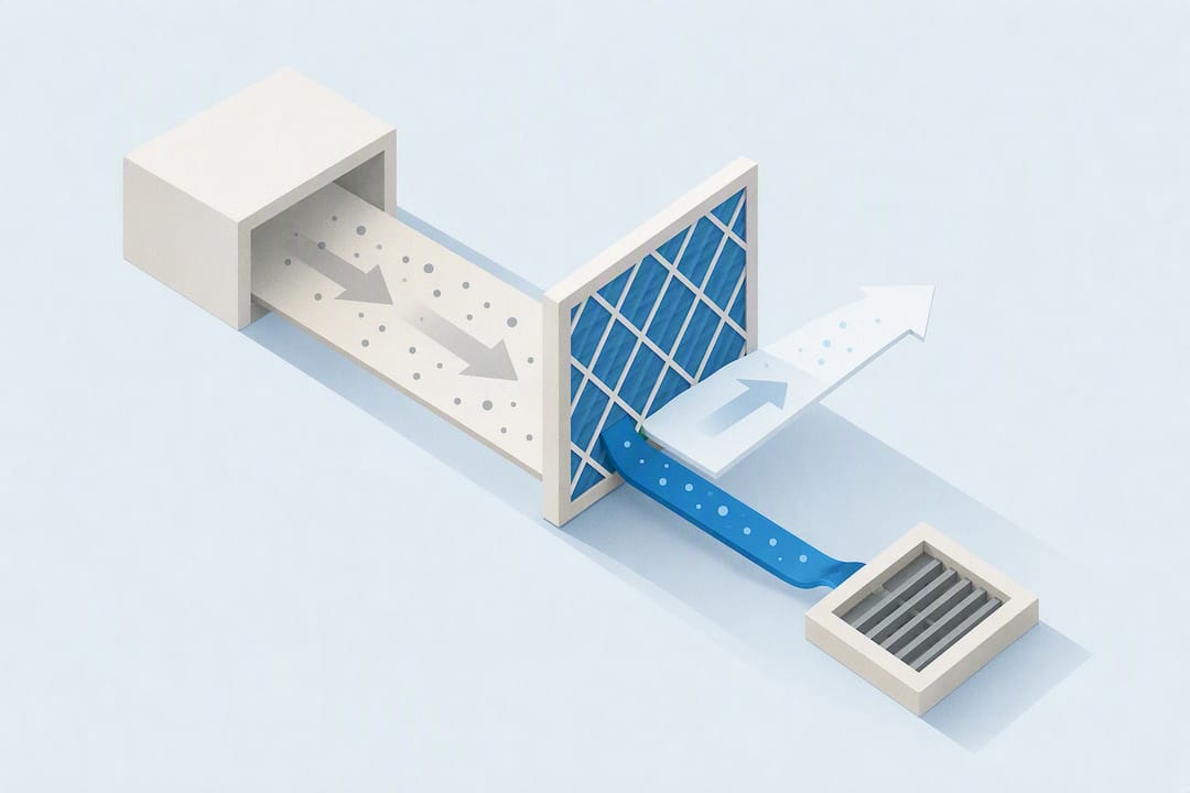 Isometric illustration of dust bypassing a filter