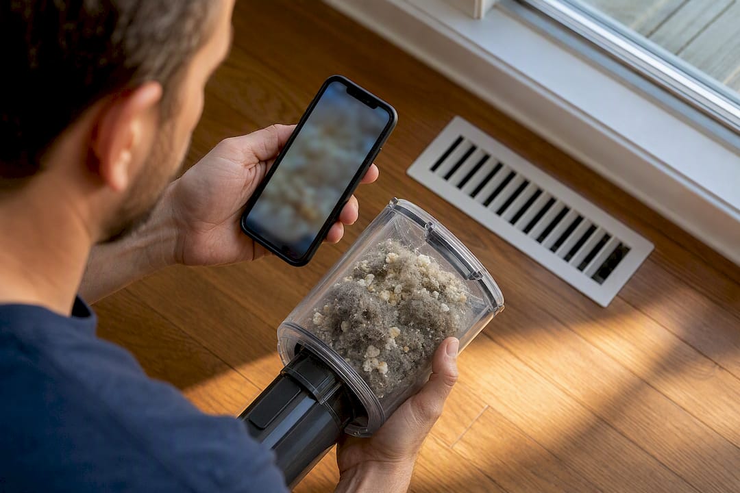 Homeowner photographing dust collected from a vent