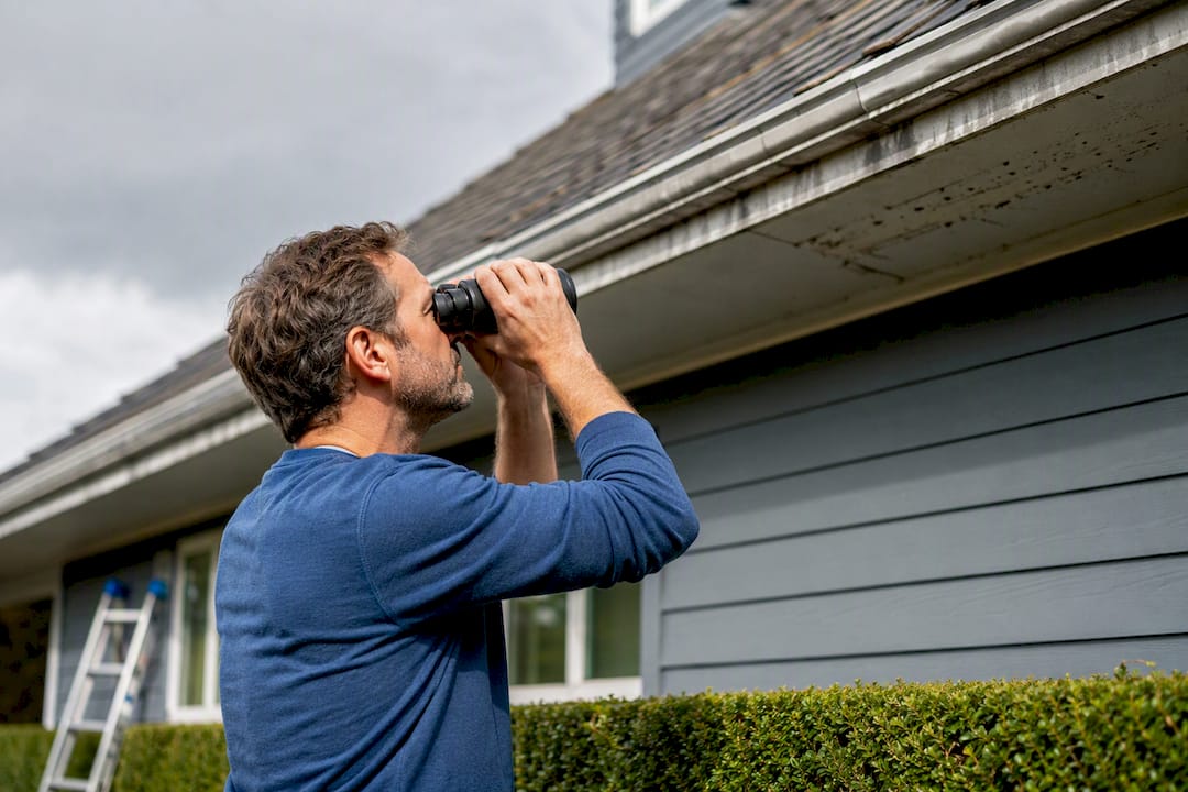 Homeowner checking gutters from the ground