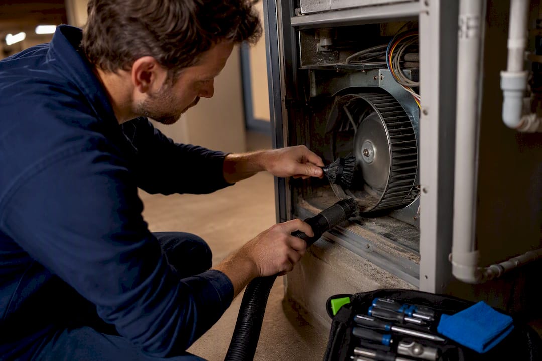 Technician cleaning a furnace blower wheel