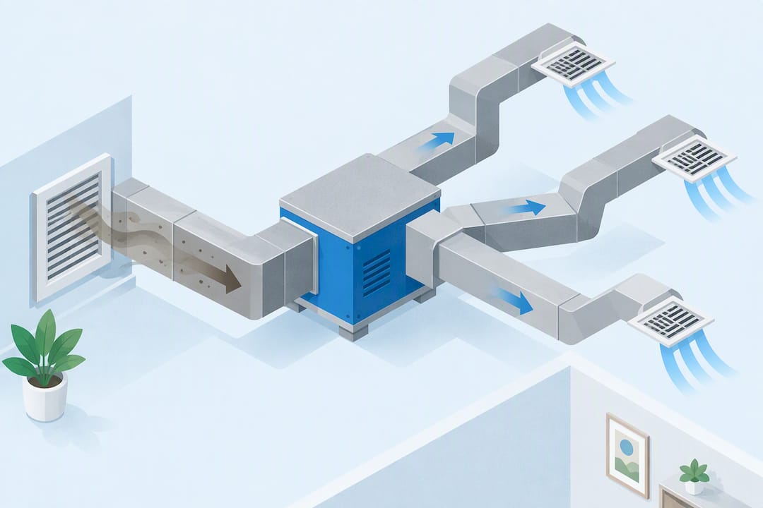 Isometric smoke odour ductwork illustration